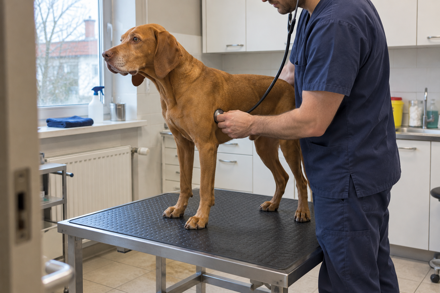 Veterinár počúva srdce pokojnej maďarskej vyžly počas preventívnej kontroly